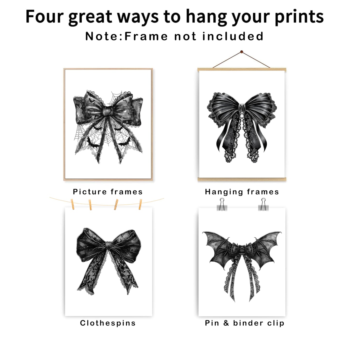 JWVK Coquette Halloween Black Lace Bow Bats Wall Art Prints Set of 4, Gothic Halloween Decor, Halloween Wall Decorations, Dark Academia Halloween Posters Wall Decor for Home Office, 8x10 Unframed
