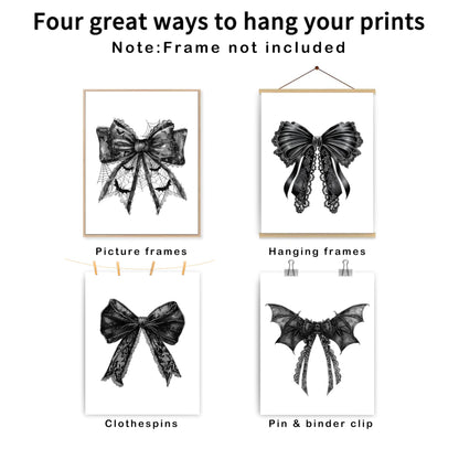 JWVK Coquette Halloween Black Lace Bow Bats Wall Art Prints Set of 4, Gothic Halloween Decor, Halloween Wall Decorations, Dark Academia Halloween Posters Wall Decor for Home Office, 8x10 Unframed
