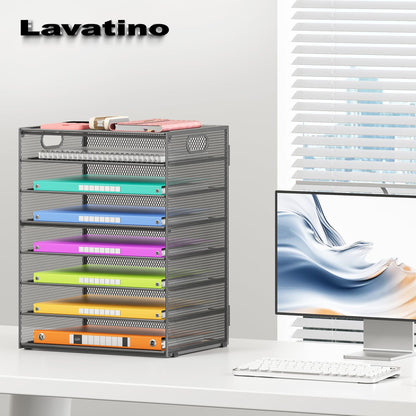 Lavatino 8-Tier Office Desk File Organizer, Letter Tray Paper Organizer with Handle, Including 5 Adjustable Slide Trays for Organizing Desktop Workspace Accessories and Supplies (Grey Metal Mesh)