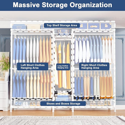 Ulif E12C Pro Heavy Duty Closet Organizer System，Freestanding Clothing Racks for Hanging Clothes，Adjustable Garment Rack 71"W x 16"D x 76.5"H Hold 960lbs，White Clothing Rack with Black Dustproof Cover