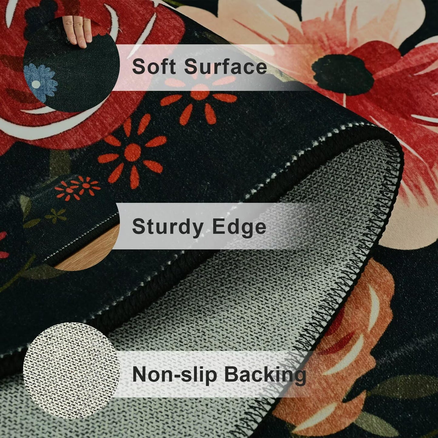 Vasofe 3x5 Rug for Bedroom,Washable Rugs for Living Room, Entryway, Indoor Floor Mat, Small Floral Mats for Nrusery, Farmhouse, Laundry Room, Playroom, Office, Non Slip Low Pile Soft Carpet, Black