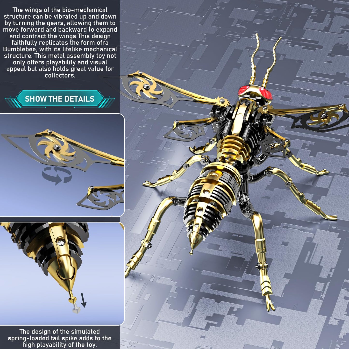 Gold-Plated Metal Bee Model Kit - 3D Stainless Steel Mechanical Insect Puzzle for Adults - Steampunk Bionic Wasp Sculpture - Executive Desktop Art and Stress Relief Gift (Bee-Black-Gold)