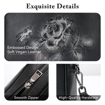 VIMUTI Small Crossbody Purses for Women, Trendy Vegan Leather Crossbody Bag Embossed Travel Shoulder Handbags with Wide Strap (Black)