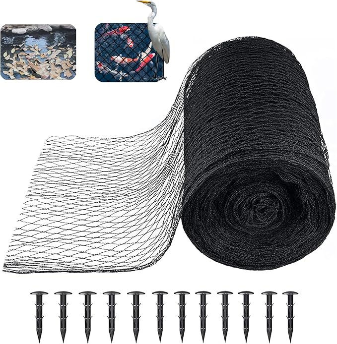 Koi Pond Netting Kit 28 x 30 FT, 3/8" Heavy Duty Woven Mesh Pond Net Cover for Leaves with 12 Stakes, HDPE Pool Netting Protecting Fish from Herons Birds Cats, Black