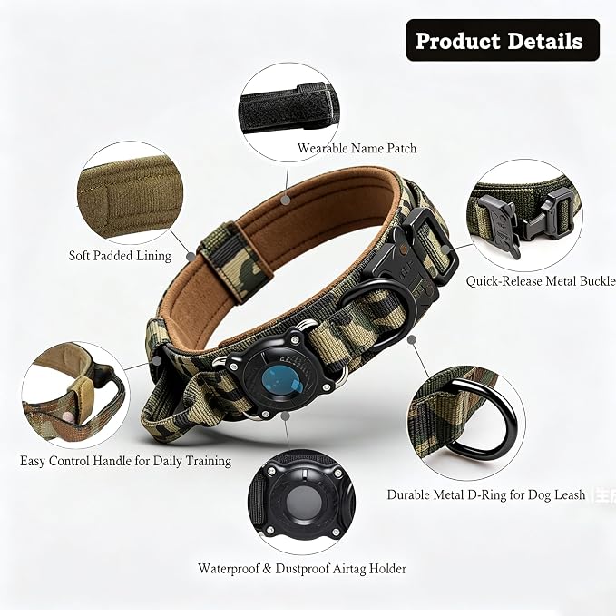 Upgraded AirTag Dog Collar,Waterproof Tactical Dog Collar with AirTag Holder, Control Handle and Metal Buckle,Heavy Duty Dog Collars for Large Dogs(AirtagCamo，L