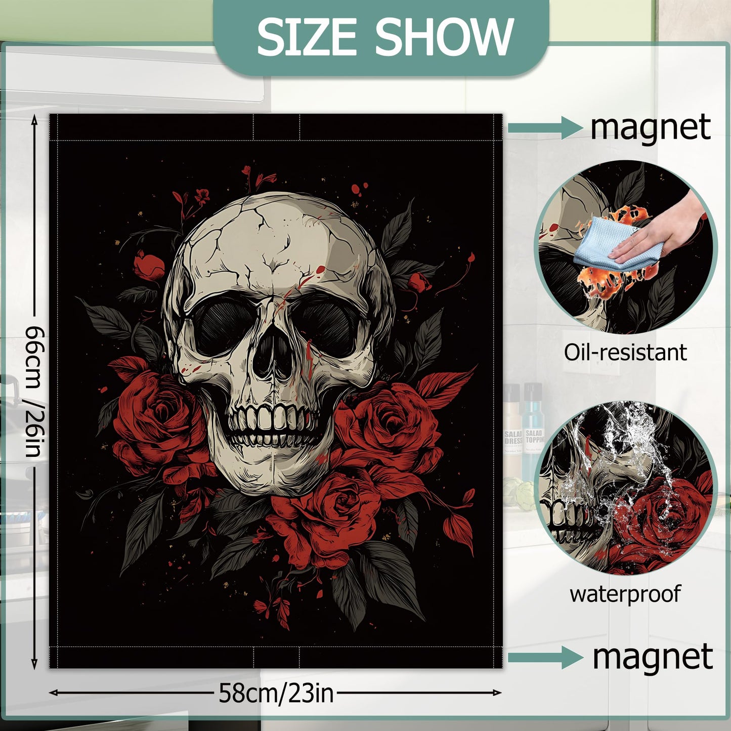 Gothic Skull Dishwasher Magnets Decorative Cover,Halloween Red Rose Flower Waterproof Magnetic Dishwasher Cover Panel,Refrigerator Magnet Cover for Kitchen Home Decor 23x26 Inch