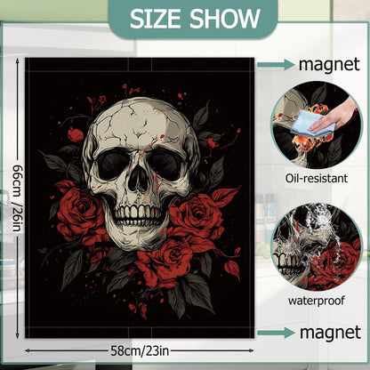 Gothic Skull Dishwasher Magnets Decorative Cover,Halloween Red Rose Flower Waterproof Magnetic Dishwasher Cover Panel,Refrigerator Magnet Cover for Kitchen Home Decor 23x26 Inch