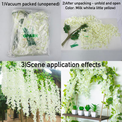 GPARK (36 Branches 12 Pack /45 inch /3.7ft Wisteria Hanging Artificial Flowers Fake Bushy Silk Vine Garland String for Wedding Party Garden Greenery Home Wall Deco Beige+Green+White