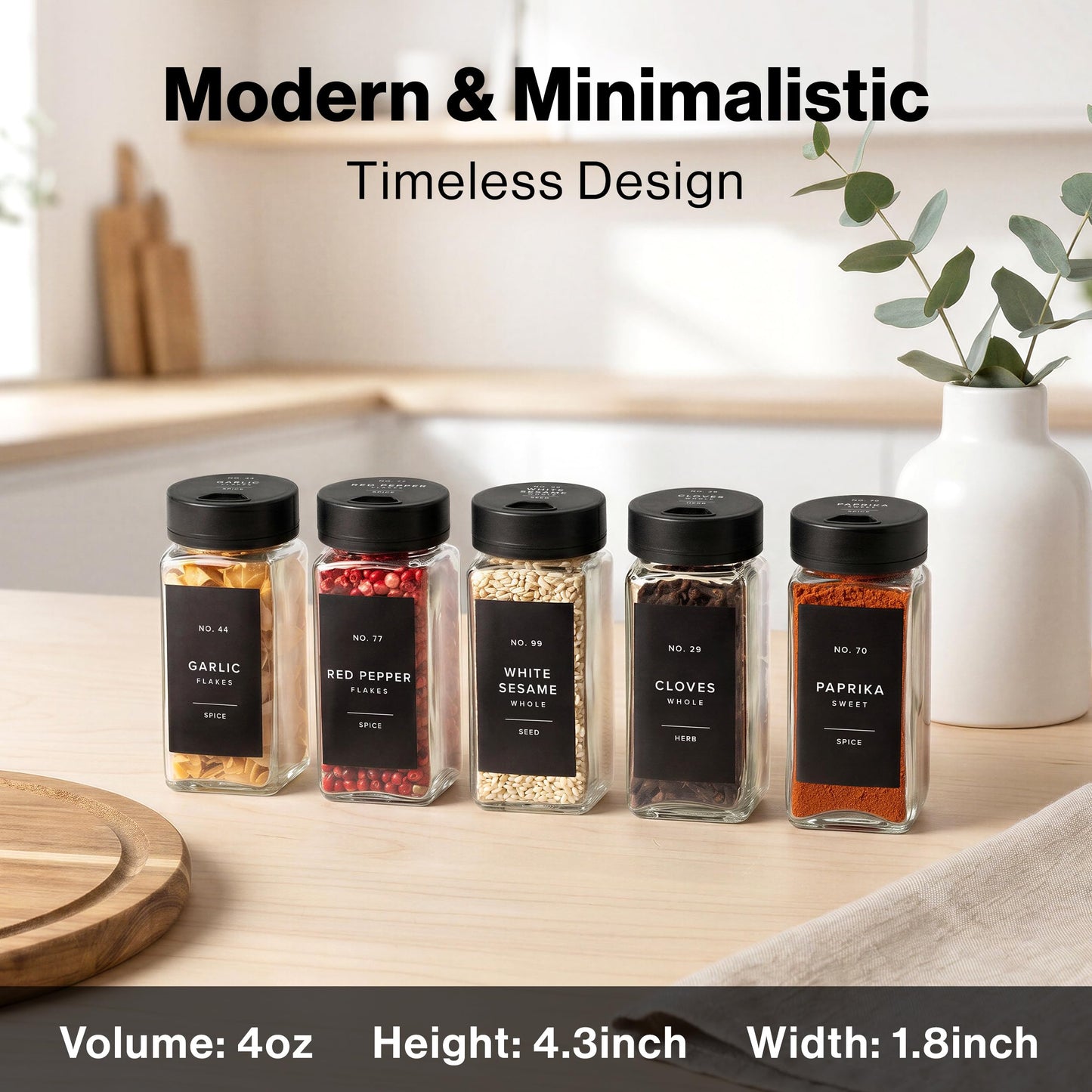 EDELHAUS Glass Spice Jars with Label and Black Rotating Lids (24 x 4oz) Spice Containers with 240 Labels, Shaker Inserts, Steel Funnel, Empty Square Containers