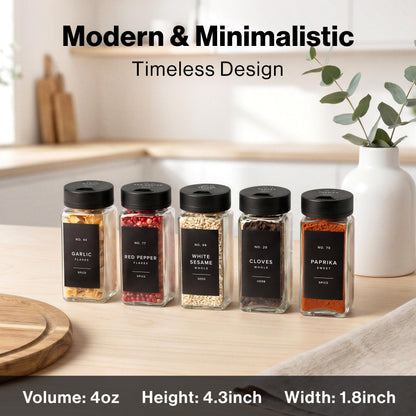 EDELHAUS Glass Spice Jars with Label and Black Rotating Lids (24 x 4oz) Spice Containers with 240 Labels, Shaker Inserts, Steel Funnel, Empty Square Containers