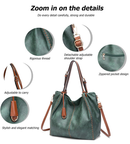 myfriday Casual Faux Leather Tote Hobo Bag for Women, Soft Shoulder Bag Crossbody Satchel Purse and Handbag (Green)