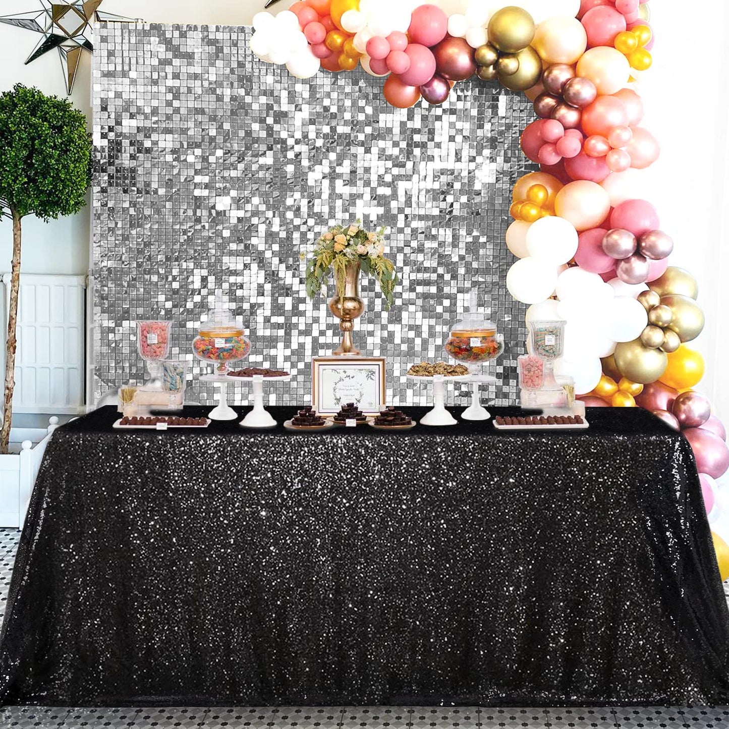 MoKoHouse Black Sequin Tablecloth Rectangle 50" x 80" Glitter Table Cloth Sparkly Fabric for Halloween Birthday Parties Cake Dessert Table Decor