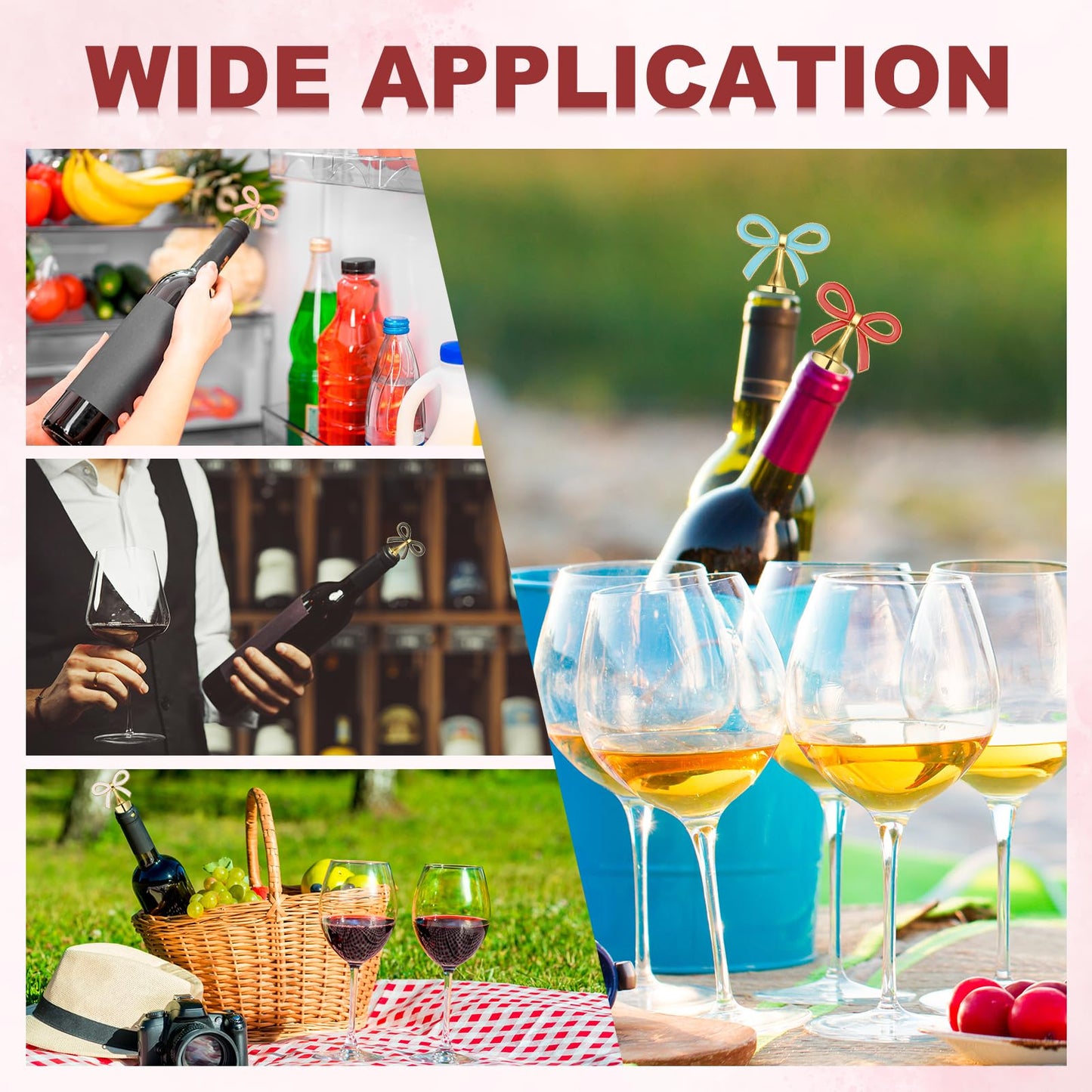 uxcell 2 Pcs Bow Wine Stopper, Reusable Wine Stoppers Airtight Leak-proof Bottle Plugs Liquor Saver Beer Beverage Glass Bottles Stopper for Bar Holiday Party Home Decor, Gold-Pink