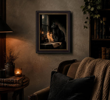 TravelReady Dark Brown Framed Canvas Wall Art Black Cat and Candle Damage-Free Hook and Loop Gothic Elegance Dark Academia Picture Decor for Bedroom Living Room, 9x11 in
