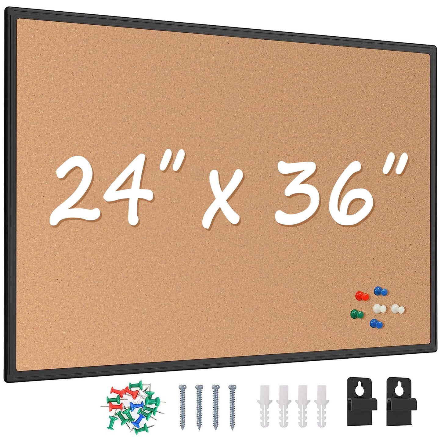 Board2by Cork Board Bulletin Board 24 x 36, Black Aluminium Framed 2 x 3 Corkboard, Office Board for Wall Cork, Large Wall Mounted Notice Pin Board with 16 Push Pins for School, Home & Office
