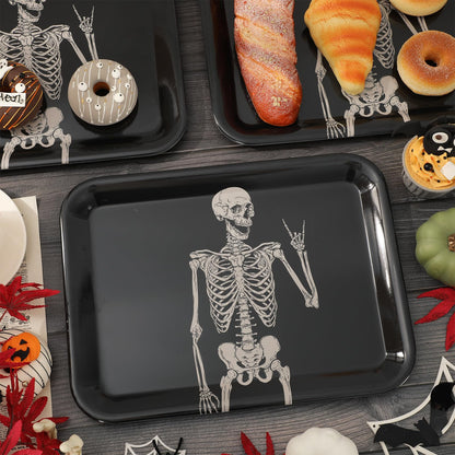 Whaline 3Pcs Halloween Serving Trays Black Skeleton Plastic Platter Serving Dishes Reusable Trays for Party Sharing Snack Fruit Dessert Supplies, 10 x 13 Inch