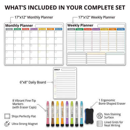 AUVIREC Magnetic Calendar for Refrigerator (3-Pack, Ships Flat) - 17"x12" Monthly, Weekly & Daily Planner with Lined Grids - Nano-Tech Dry Erase Board Fridge Whiteboard, 8 Markers & Eraser