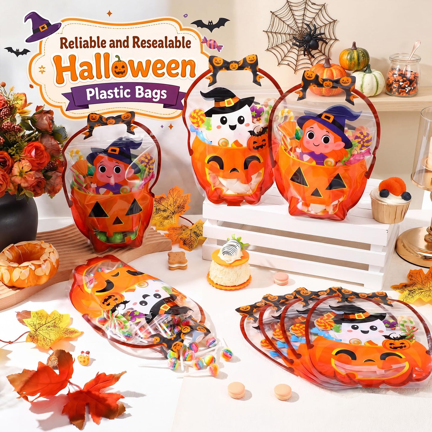 Fuutreo 50 Pcs Halloween Plastic Bags Clear Ghost Witch Pumpkin Sealed Gift Pouches with Handles Resealable Scary Holiday Favor Bags for Halloween Holiday Party Candy Gift Wrapping Supplies Decoration