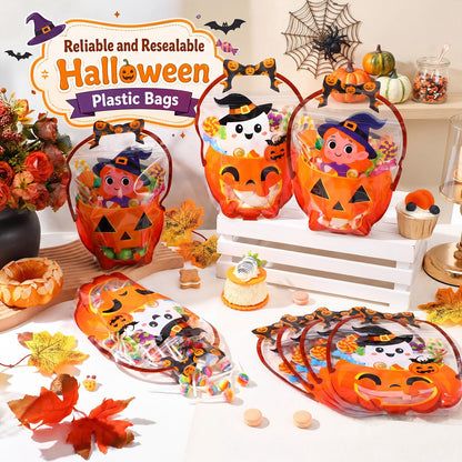 Fuutreo 50 Pcs Halloween Plastic Bags Clear Ghost Witch Pumpkin Sealed Gift Pouches with Handles Resealable Scary Holiday Favor Bags for Halloween Holiday Party Candy Gift Wrapping Supplies Decoration