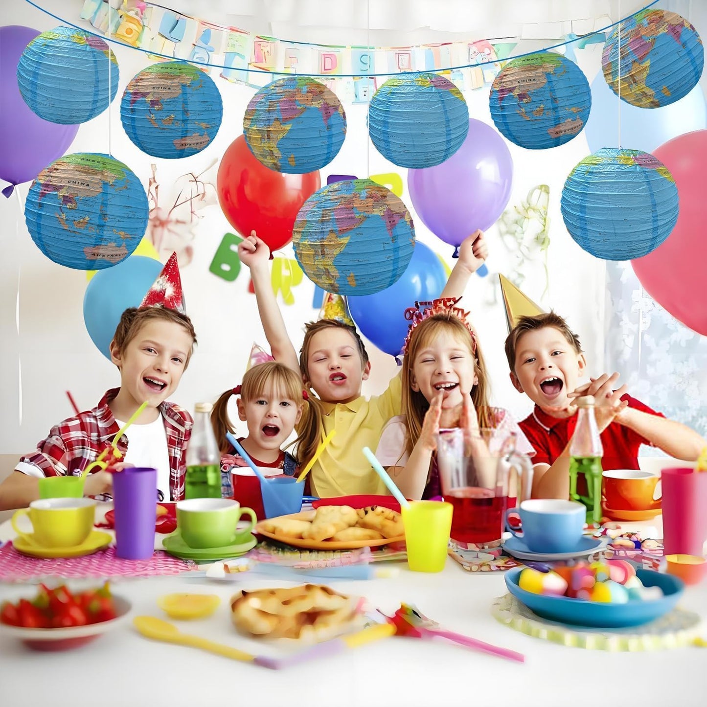 JIEFULL 10 Pack 12 Inch Globe Paper Lanterns for Ceiling Hanging, Large Earth Lantern Around The World Map Decorations