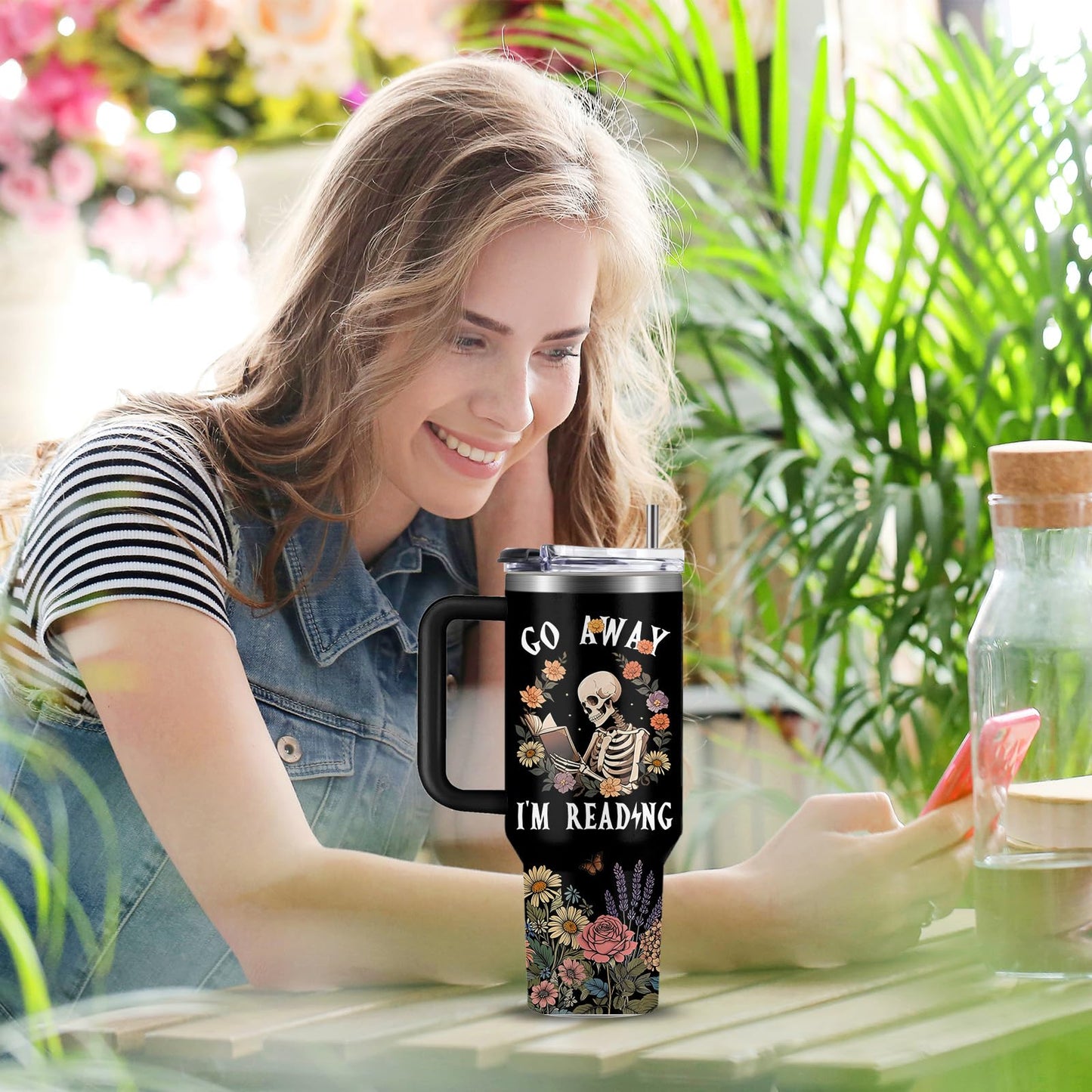 WWHSAI Skull Floral Tumbler 40oz with Lid & Straw - Go Away I'm Reading Skeleton Reading Gifts, Halloween Christmas Ghostface Decoration Horror Gifts Idea for Men Women Gothic Skulls