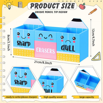 Eaasty Pencil Shaped and Sharp Dull Holder Eraser Wooden Dispenser Pencil Storage 3 Compartments for Back to School Teachers Classroom Organization(1 Pack,Blue Face)