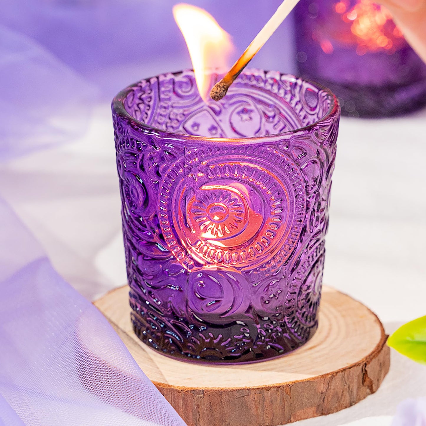 Purple Sun Moon Stars Glass Tealight Holders, 12 Pack