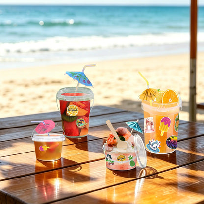MOLDTAS 12 Pcs 1L 32oz Plastic Cocktail Buckets 750ml Ice Cream Buckets with Disposable Spoons and Straws Summer Theme Stickers for Summer Pool Party Beach Party Supplies