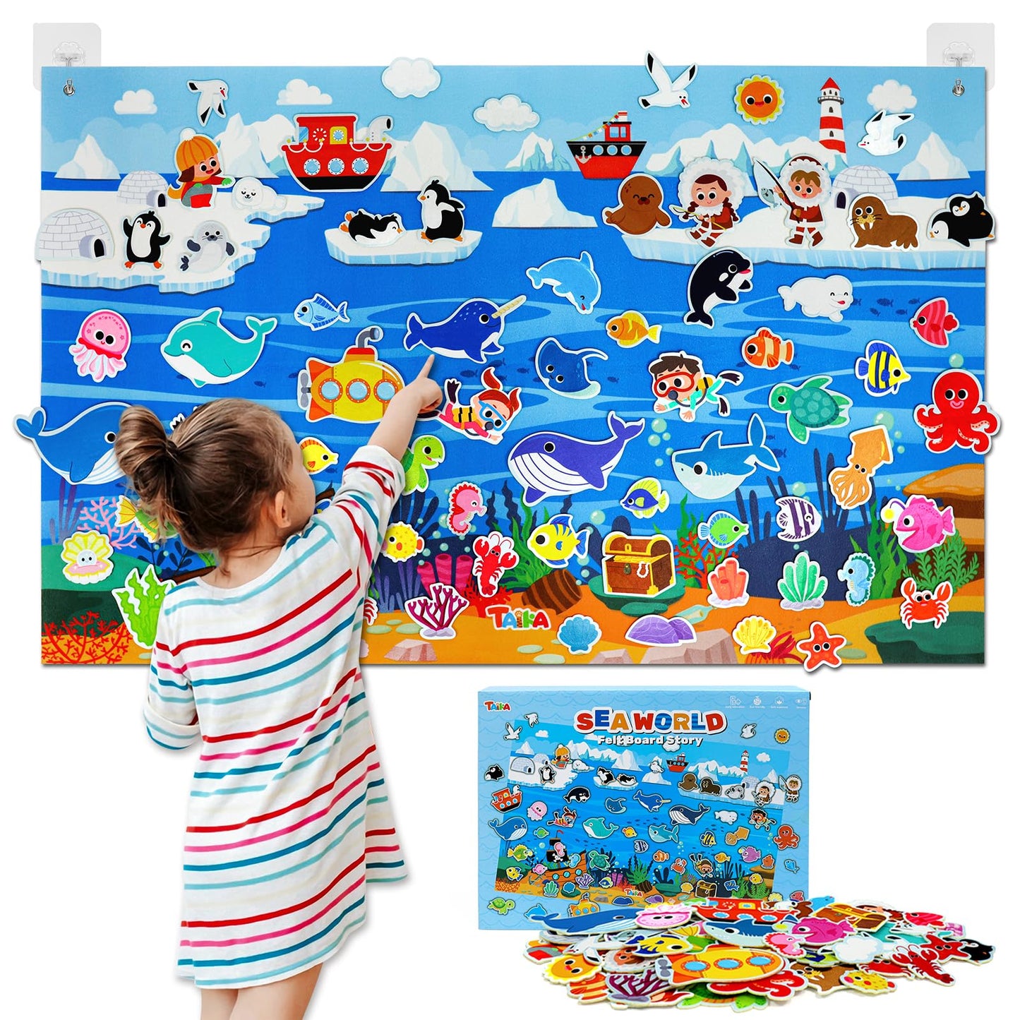 Taika 70 Pcs Ocean Felt Story Board Set, 43x28 inch Interactive Felt Story, Fuzzy Flannel Board, Preschool Storytelling, Classroom Educational Learning Play Kit, Interactive Teaching Kit