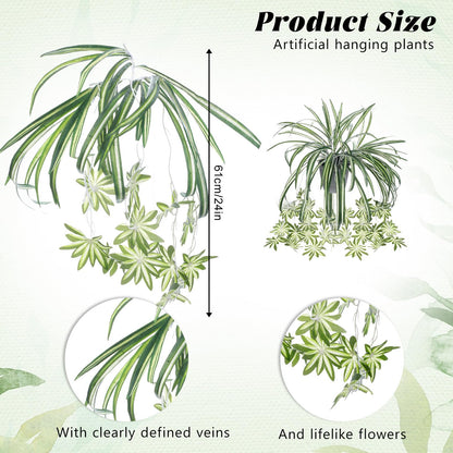 Zelphvt 2 Packs Artificial Spider Plant, 24 Inch Fake Hanging Greenery Plant UV Resistant Faux Chlorophytum Comosum Silk Spider Plants for Indoor Outdoor Home Garden Office Decor (Pot Not Included)
