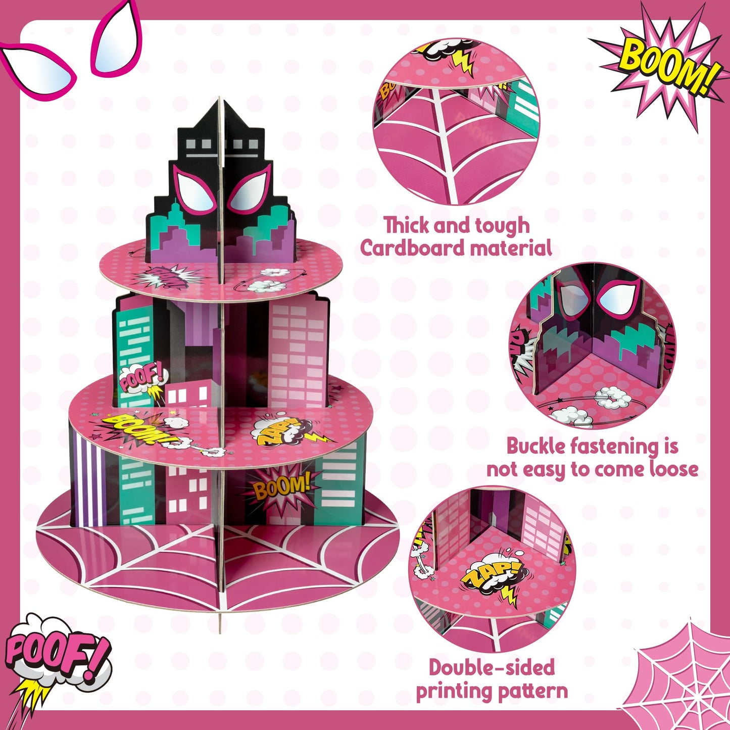 Andi Cppss Pink Spider Cupcake Stand - 3 Tier Pink Spider Party Dessert Holder Spiders Theme Cardboard Cake Stand for Birthday Party Decorations Cupcake Display for Kids Birthday Party Supplies