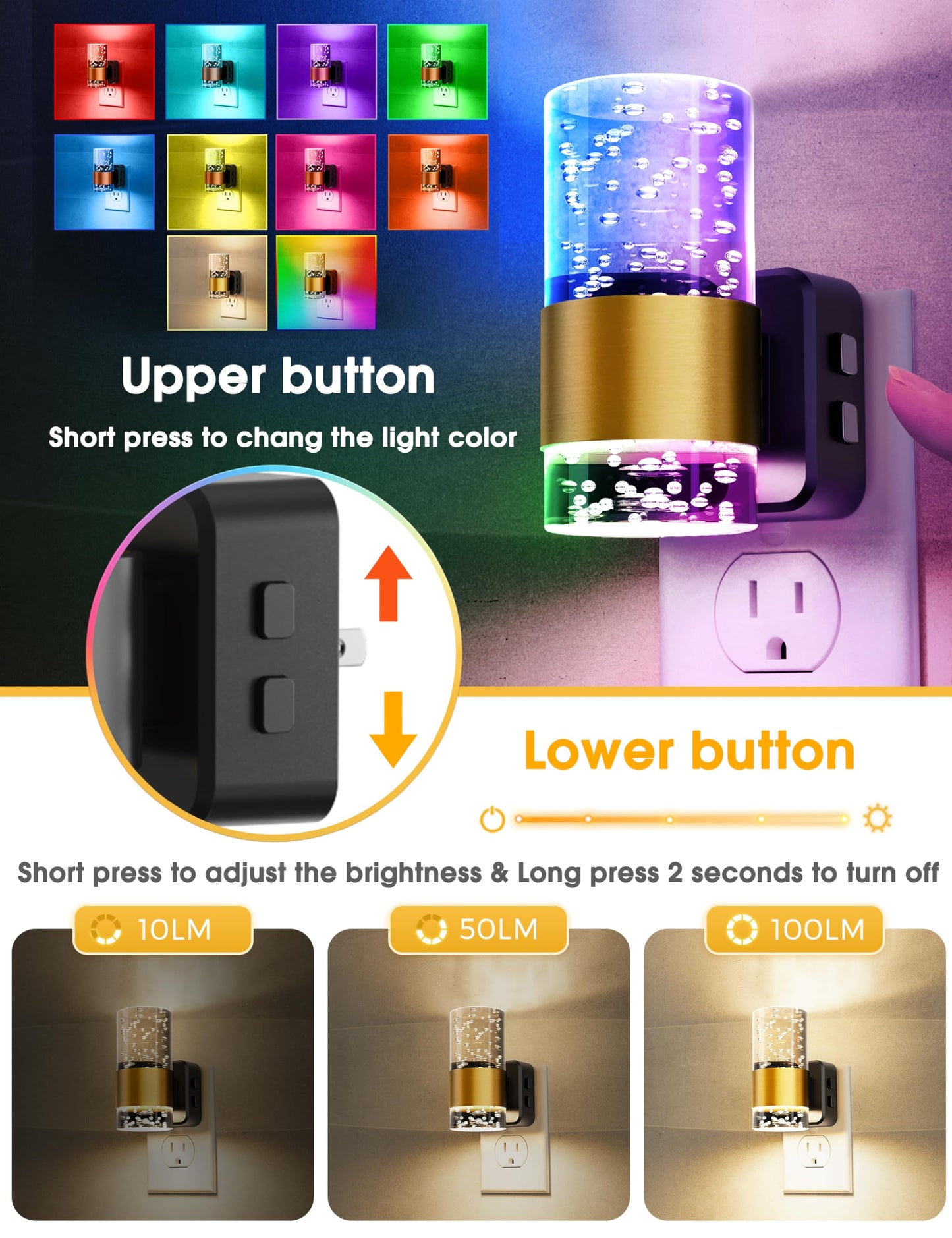 Night lights plug into wall, Color Changing Night Light with Rotatable Plug, Dusk to Dawn Light Sensor and Adjustable Brightness, Elegant Design Night Light for Kids Bedroom,Bathroom, 2 Pack