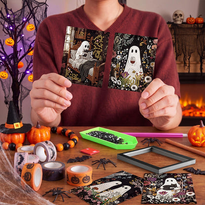 Saillong 24 Pcs Halloween Mini Diamond Art Kits for Adults Beginners DIY Spooky Ghost Pumpkin Small Diamond Painting Kits Full Paint Drill with Gem Art Painting for Home Decor 5.12x3.94 Inch