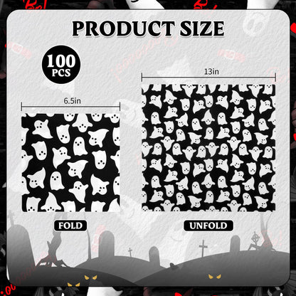 100Pcs Halloween Ghost Paper Napkins Black White Spooky Boo Disposable Luncheon Napkin Ghosts Party Hand Towel for Birthday Baby Shower Party Supplies Table Decoration