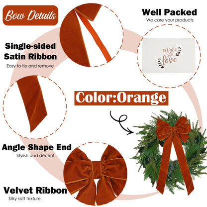 AIMUDI Orange Velvet Bows for Christmas Tree 6.5" x 15" Christmas Bows for Gift Wrapping, Holiday Crafts, Wreaths, Garlands, Staircase, Home Outdoor Winter Decorations, 2 PCs