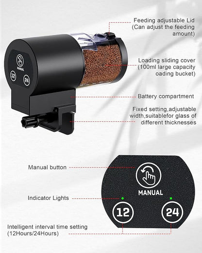 Automatic Fish Feeder for Aquarium, Helps Keep Fish Fed While You’re Away, Large 100ml Capacity with Adjustable Feeding Timer, Battery Operated Auto Feeder for Flakes and Pellets (Black)