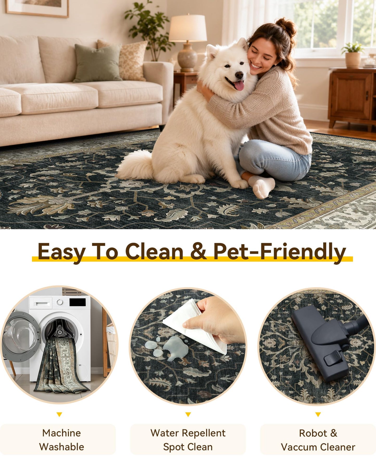 RELEANY Area Rugs 5'x7' Washable Vacuum-Friendly, Non-Slip, Floral Vintage Distress Print Pattern Medallion Carpet for Living Room Bedroom Vintage Black Beige Brown