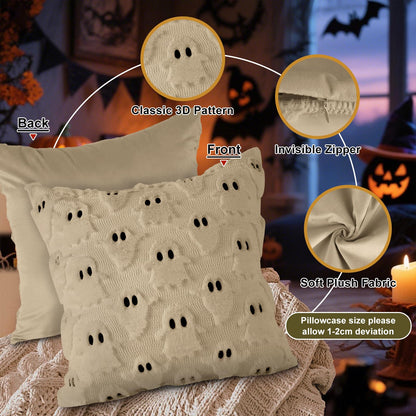 Lanpn Halloween Pillow Covers 18x18 Set of 2, Ghost Throw Pillowcases Soft Plush Faux Fur Wool Decorative Pillow Cover 18x18 Cushion Covers for Sofa Couch Chair Bed Halloween Home Decor (Beige)
