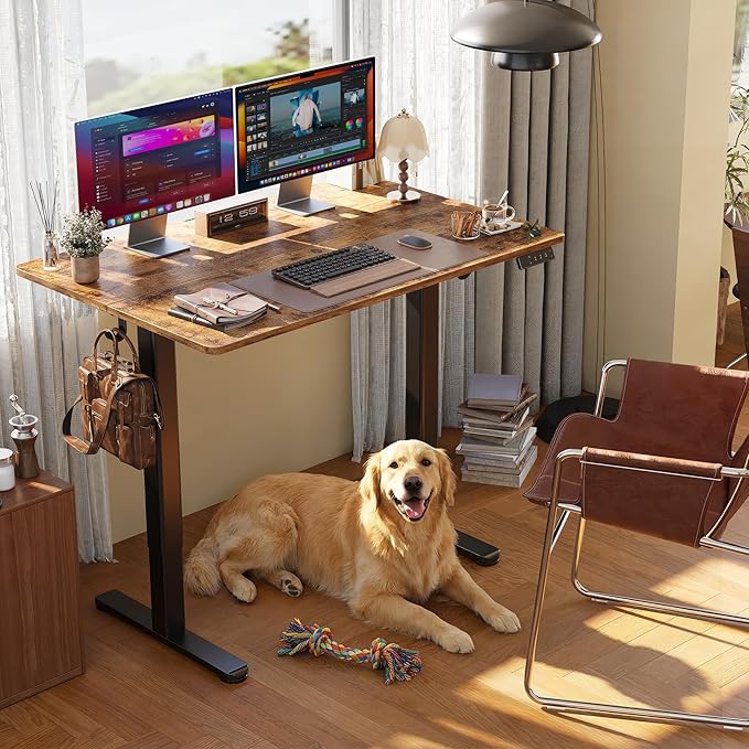 Claiks Electric Standing Desk, Adjustable Height Stand up Desk, 24x48 Inches Sit Stand Home Office Desk with Splice Board, Black Frame/Rustic Brown Top