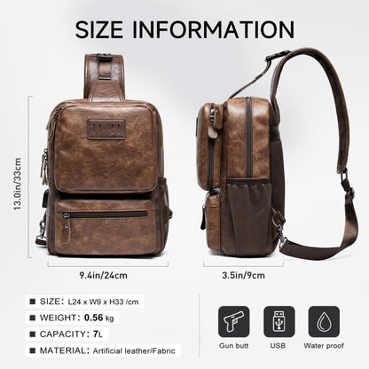MOYYI EDC Crossbody Bag for Men Leather Sling Bag, Tactical Chest Bag with USB Charging Port, 7L Small Casual Daypacks for Travel