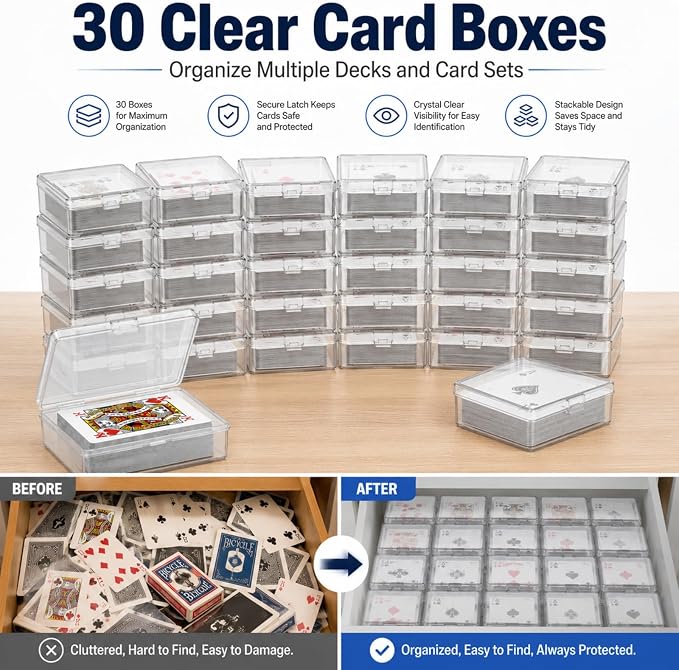APACALI 30 Pack Card Storage Box, Clear Plastic Playing Card Case, 1.2mm Thick Snap-Tight Deck Boxes for Sleeved Trading Cards, Business Cards, Game Cards, 3.8 x 2.7 x 0.94 in