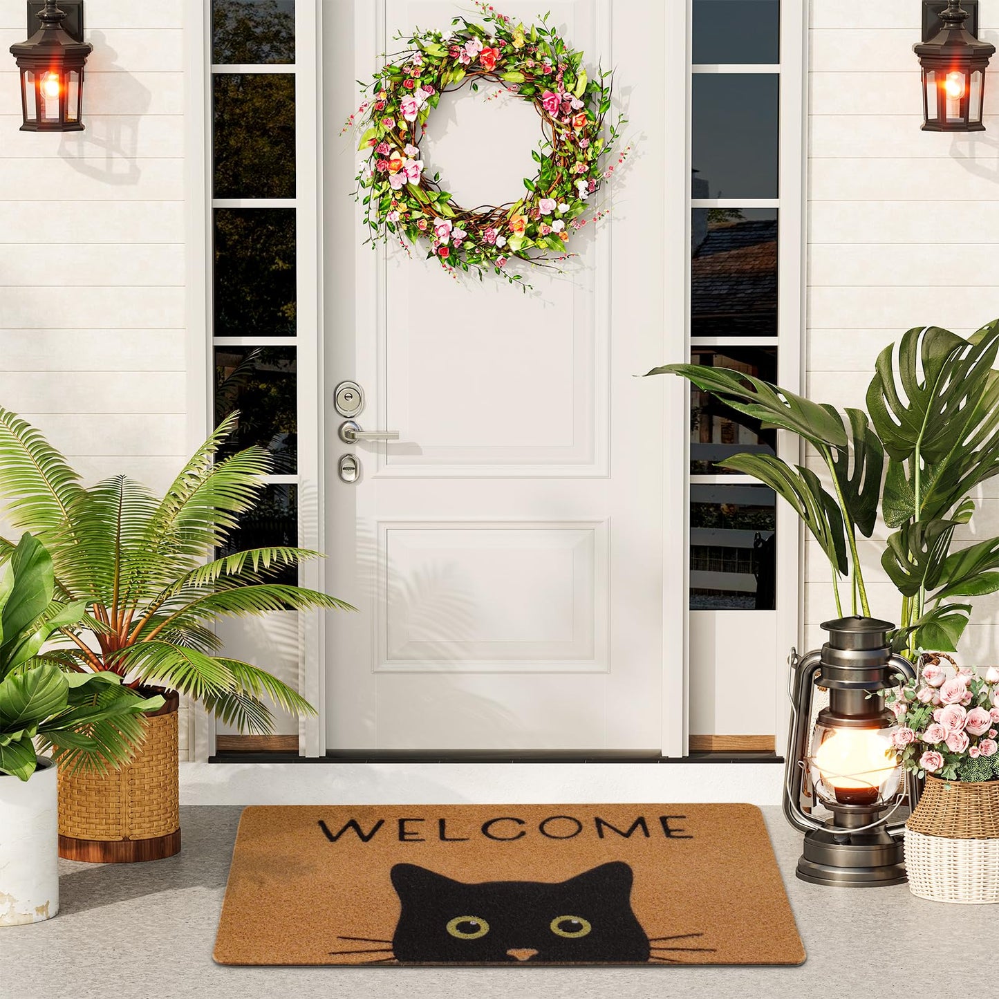 UINI Door Mat Cat Welcome Mat, Black Cat with Green Eyes Doormat, Non-Slip Cat Welcome Mats for Front Door, Outside Entrance, Resist Dirt, 17" x 30"