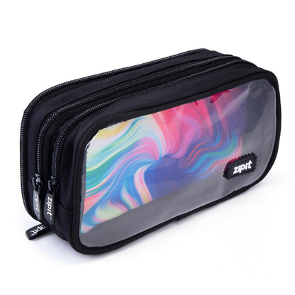 ZIPIT Half & Half Pencil Case, 3 Compartment Zipper Pouch for School, Stationery Bag for Teen Girls Boys and Adults, Black