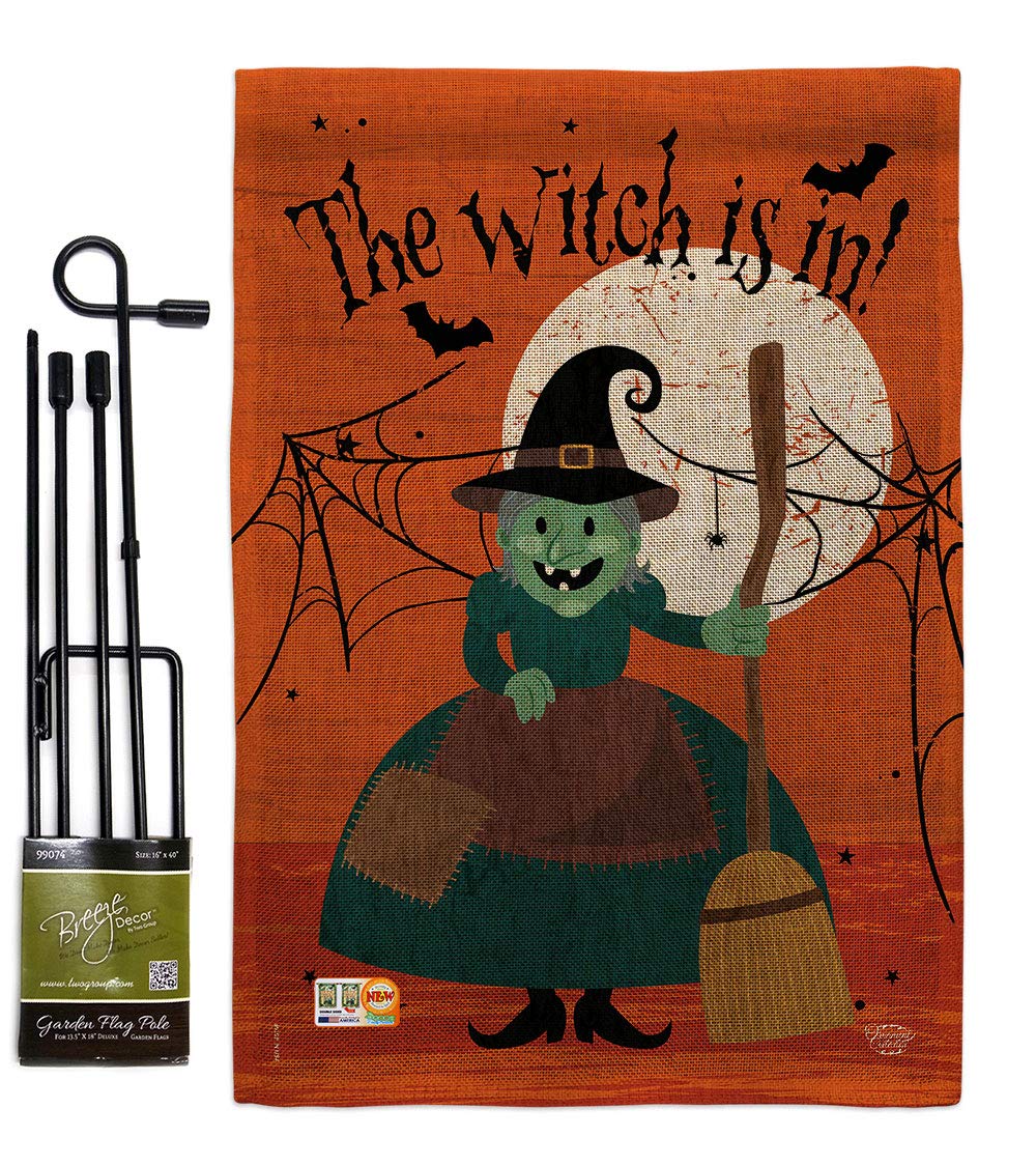 Ornament Collection Halloween Garden Stakes Flag Set Home Banner Burlap Door Sign Wall Post Stand Grave Porch Outdoor Tapestry Witch is in Front Yard Decorations, Fall Gifts Made in USA