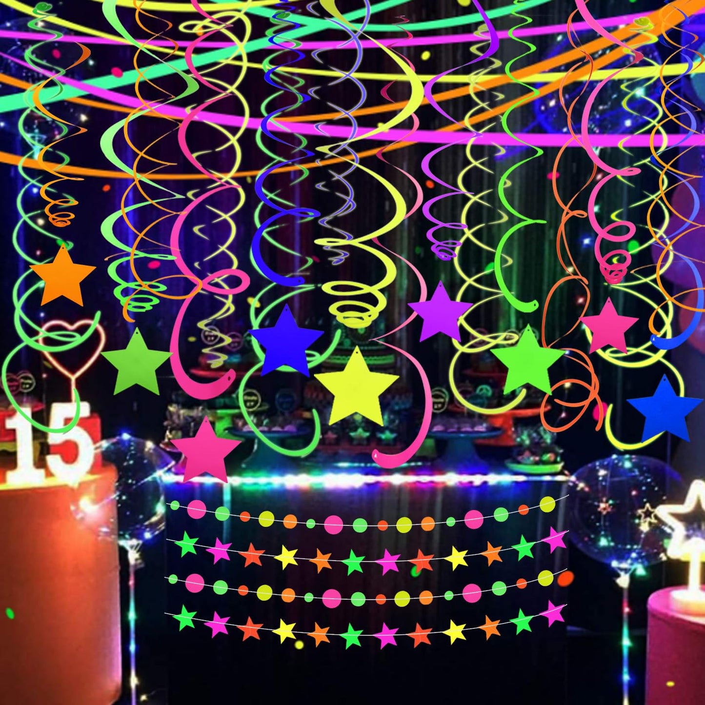 56 Pieces UV Hanging Swirls Decorations Paper Neon Streamer for Ceiling Star Neon Garlands Black Light Neon Decorations for Dark Glow Party Supplies and Decorations Birthday Neon Party Favors