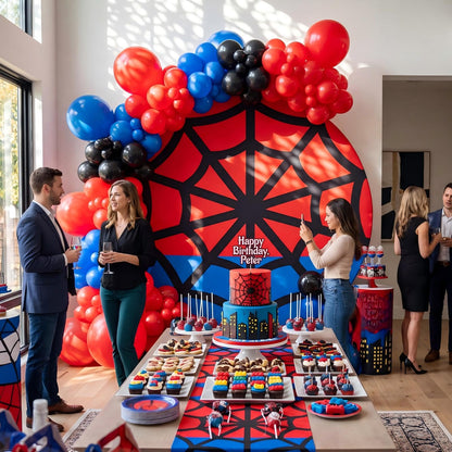 Tegeme 7.2 ft Spiderweb Themed Birthday Round Backdrop Cover Red and Blue Net Circle Arch Backdrop Cover for Photography Baby Shower Birthday Wedding Party Decor
