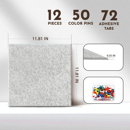MISSDAY Light Grey Acoustic Wall Panel Large Felt Bulletin Board 48" x 36" Cork Board for Wall, 12-Pack Boards with 72 Adhesive Tabs, 50 Pins, Pin Board for Home Office Classroom Soundproof Wall Tile