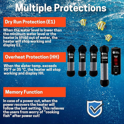 AquaMiracle Upgraded 50W Small Aquarium Heater Fish Tank Heater Turtle Heater Super Mini Aquarium Heater, Dry-Run/Overheating Protection and Memory Function, Dual LED Display, for 5-10 Gal Tanks