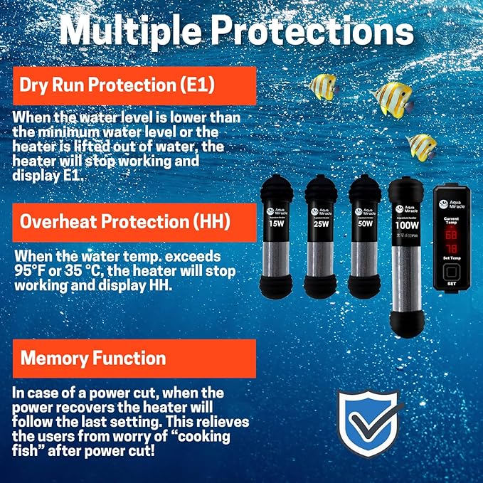 AquaMiracle Upgraded 15W Small Aquarium Heater Fish Tank Heater Turtle Heater Super Mini Aquarium Heater, Dry-Run/Overheating Protection and Memory Function, Dual LED Display, for 1-3 Gal Tanks