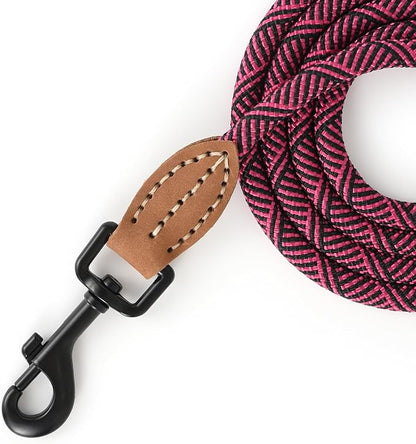 Mile High Life Small Dog Leash, Thin Rope Leash with Genuine Leather Connection and Heavy Duty Metal Clasp, Great for Small Medium Dogs(Pink,72 Inch-1/3)